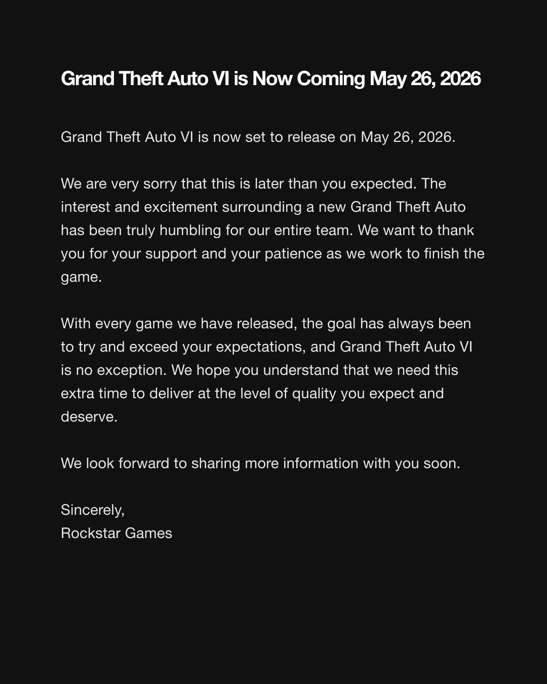 Rockstar Games official announcement